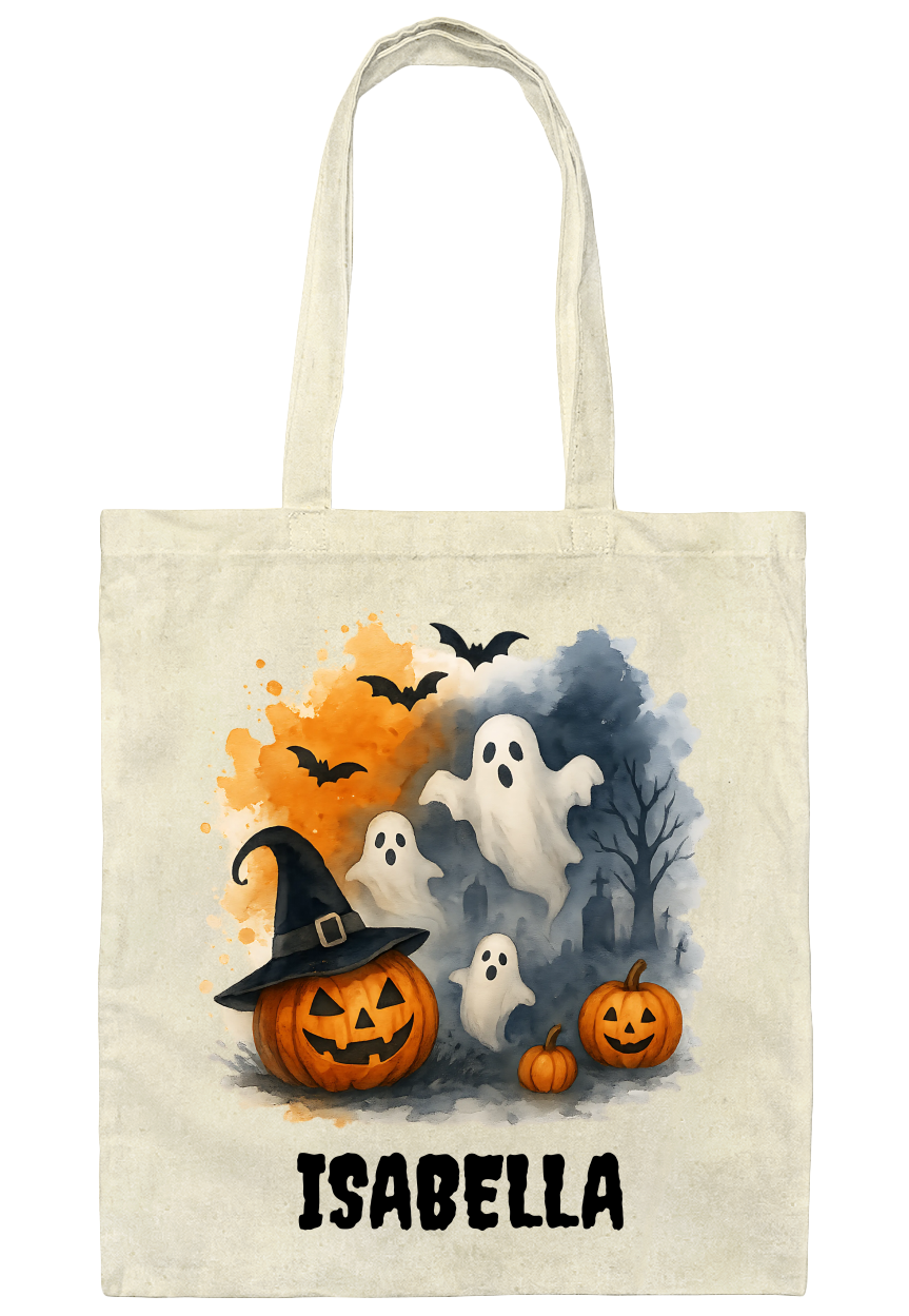 Custom Halloween Tote Bag – Spooky Pumpkin & Ghost Watercolor Design |Custom Name Tote