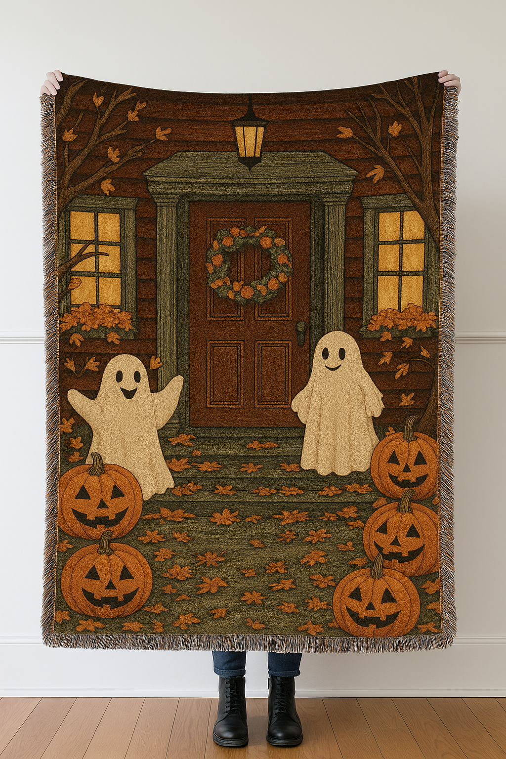 Spooky Ghost Woven Blanket | Cozy Halloween Decor, Blanket for Fall Evenings, Ghost-Themed Home Accessories, Autumn Gift Idea