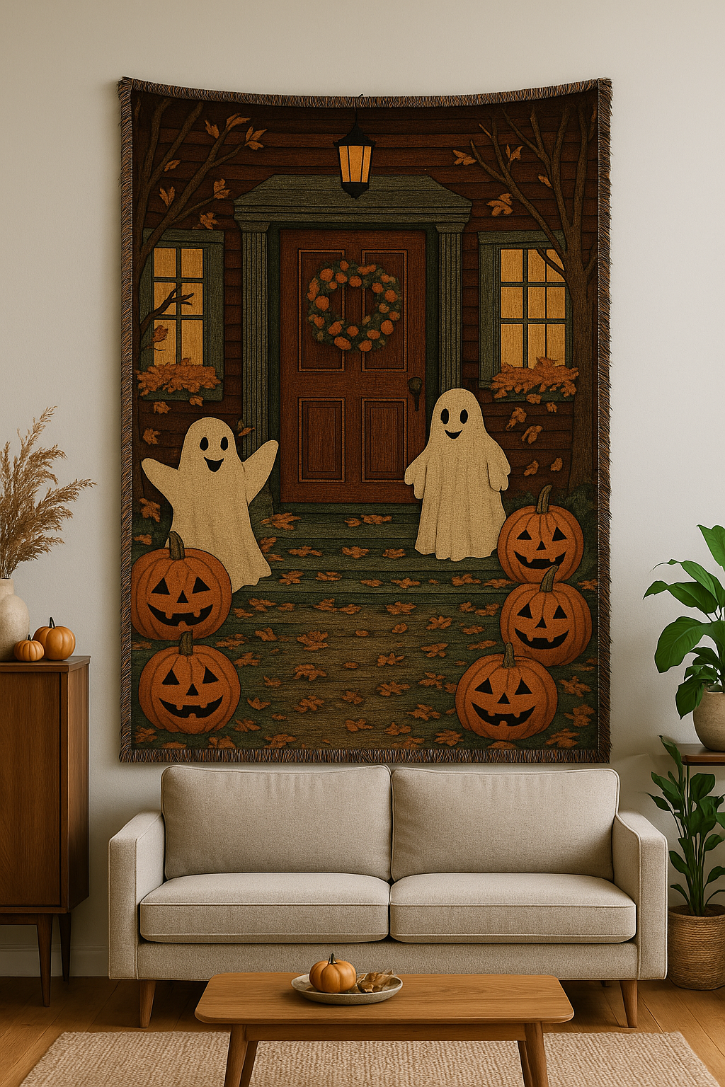 Spooky Ghost Woven Blanket | Cozy Halloween Decor, Blanket for Fall Evenings, Ghost-Themed Home Accessories, Autumn Gift Idea