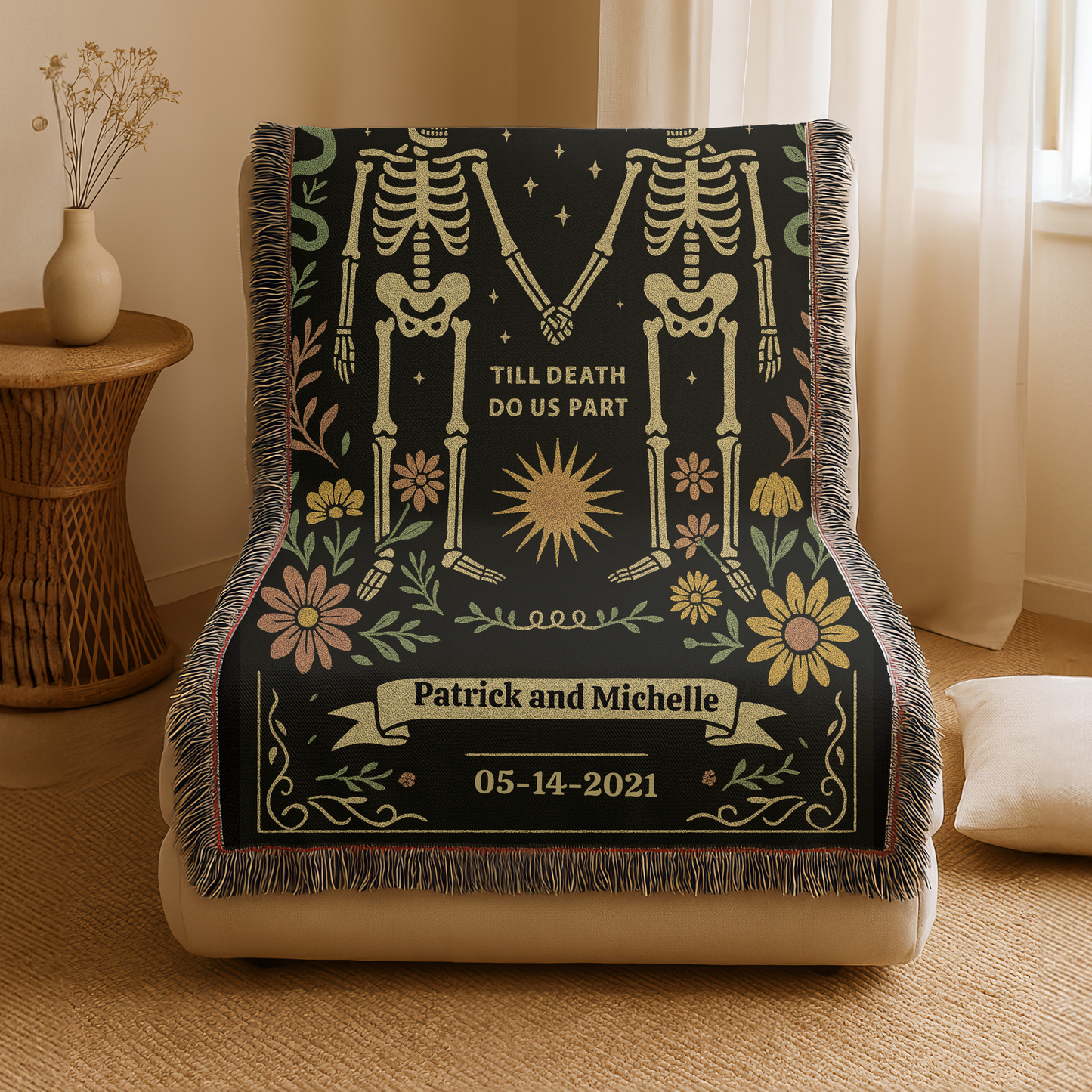 Skeleton Couple Blanket 'Til Death do us Part' Woven Tapestry