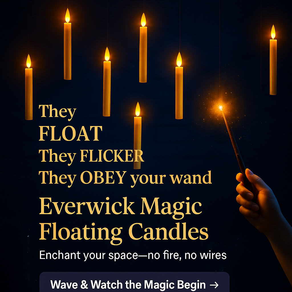Floating candles with a wand against a dark background, promoting Everwick Magic Floating Candles.