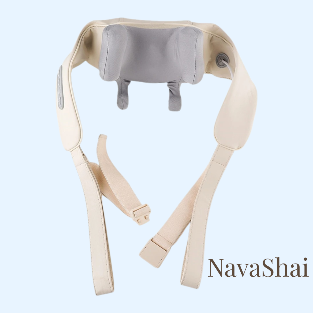 Neck massager with beige straps on a light blue background, featuring the brand 'NavaShai'.