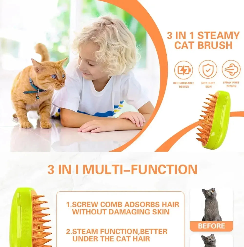 3-in-1 Electric Pet Grooming Steam Brush β Massage, Shedding & Spraying Tool
