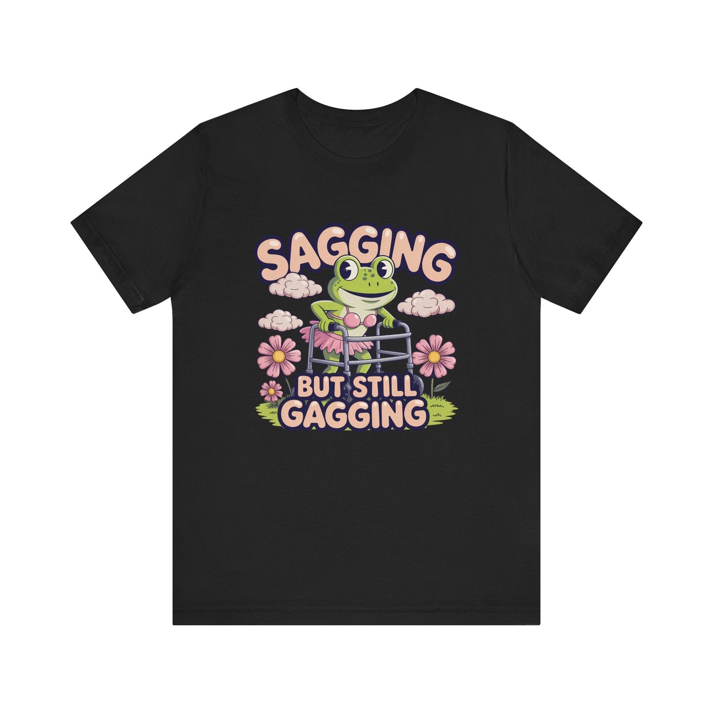 Black t-shirt with a frog graphic and text on a white background