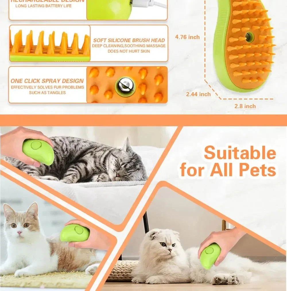 3-in-1 Electric Pet Grooming Steam Brush β Massage, Shedding & Spraying Tool