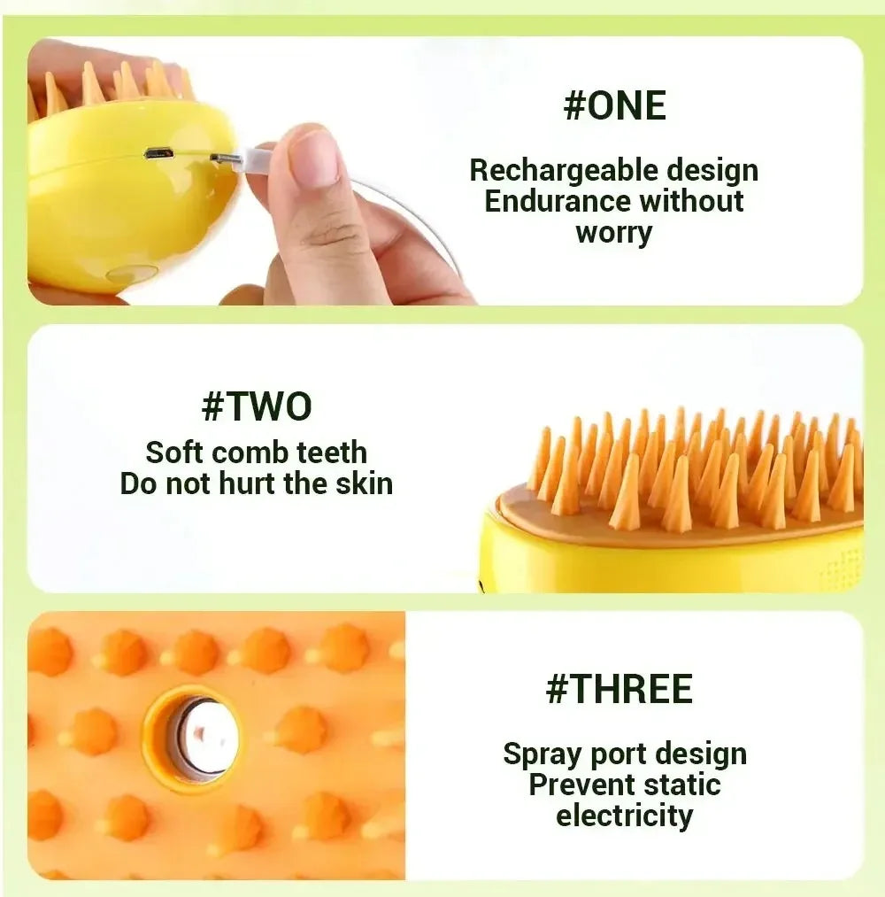 3-in-1 Electric Pet Grooming Steam Brush β Massage, Shedding & Spraying Tool