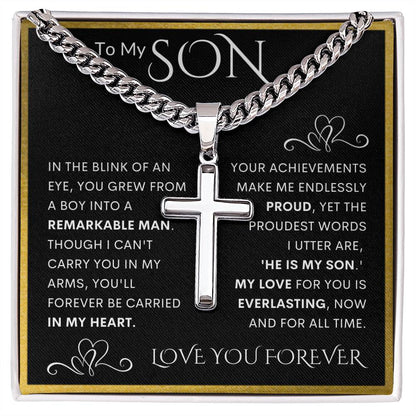 To My Son Cuban Chain with Artisan Cross Necklace