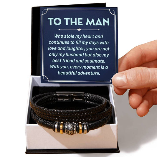 To the Man Forever Love Bracelet - Engraved Sentiment - Soulmate Gift - Stainless Steel & Vegan Leather - Thoughtful Anniversary Present