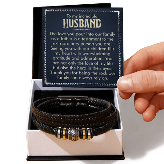 To My Husband Forever Love Bracelet - Engraved Sentiment - Soulmate Gift - Stainless Steel & Vegan Leather - Thoughtful Anniversary Present