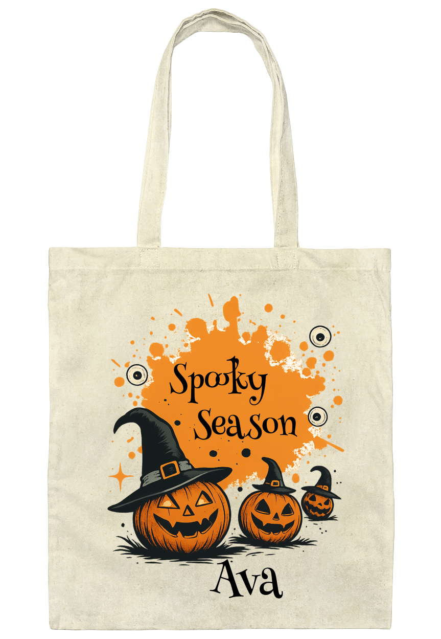 Custom Halloween Tote Bag – Spooky Pumpkin & Ghost Watercolor Design |Custom Name Tote