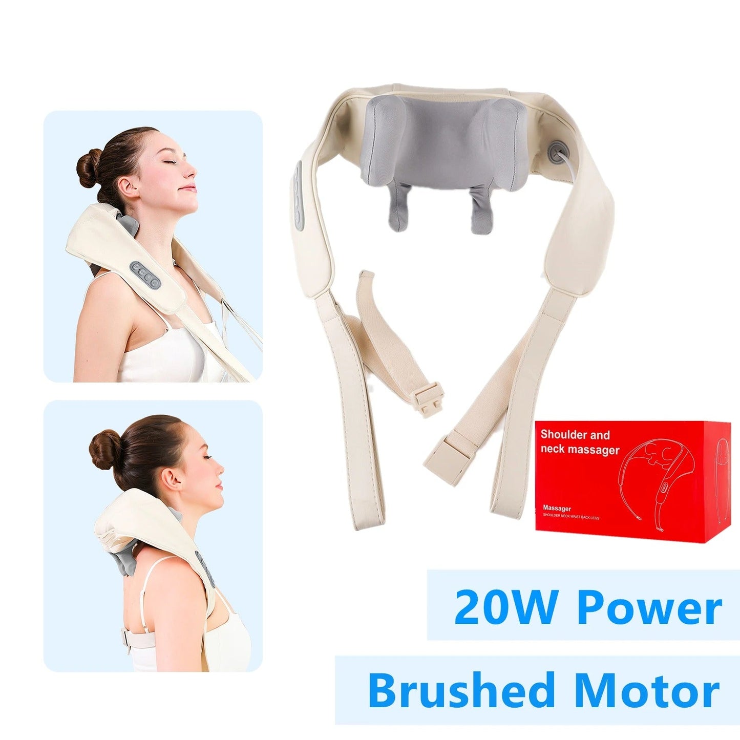 Neck and shoulder massager with packaging on a white background