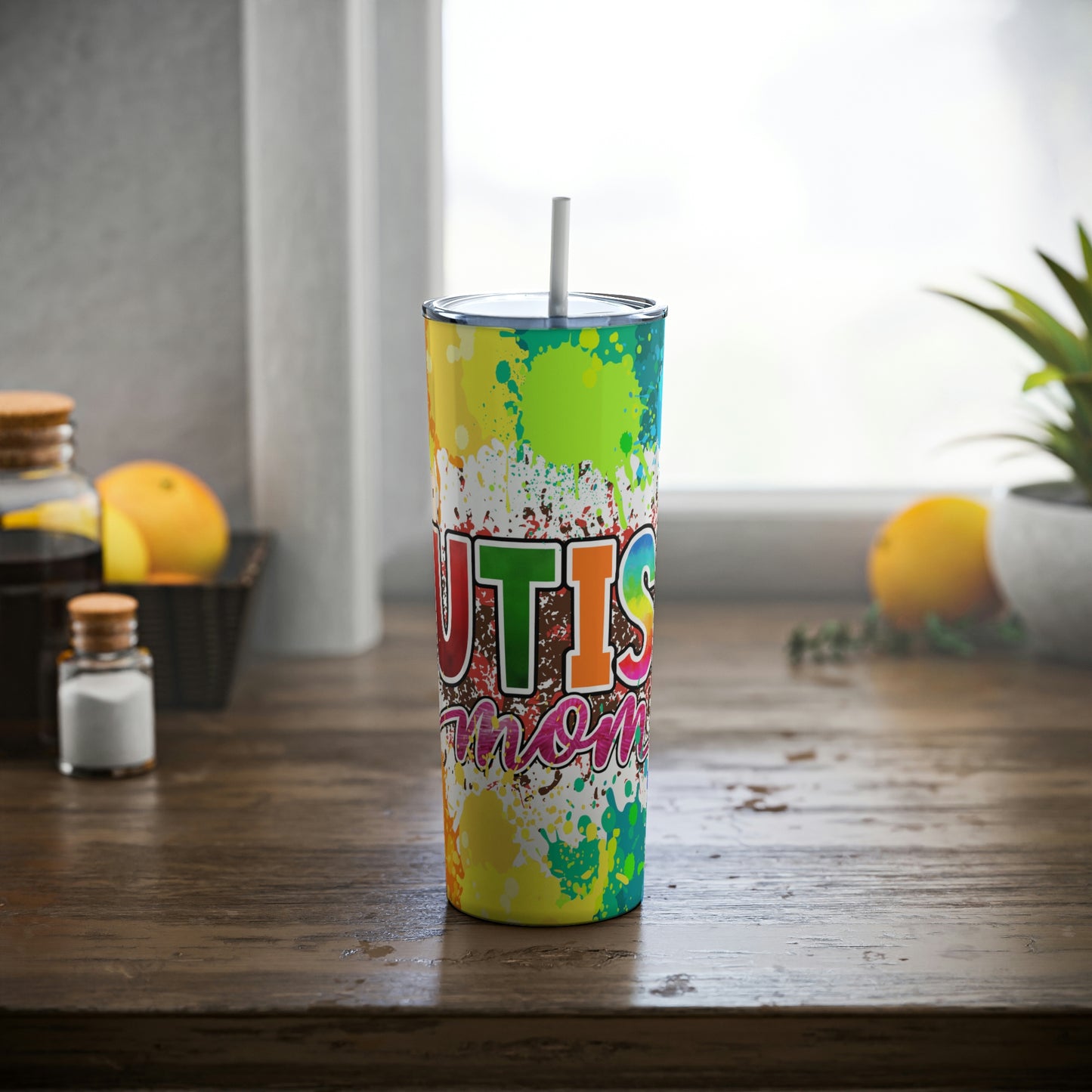Autism Mom Skinny Steel Tumbler with Straw, 20oz