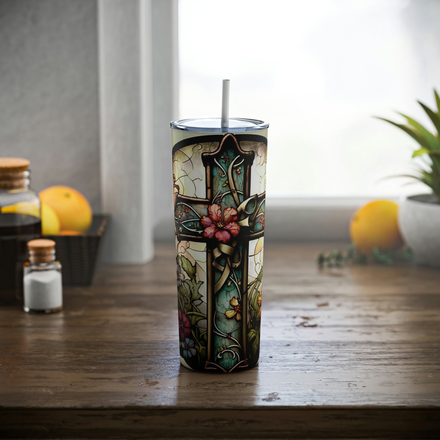 Cross-Stained Skinny Steel Tumbler with Straw, 20oz