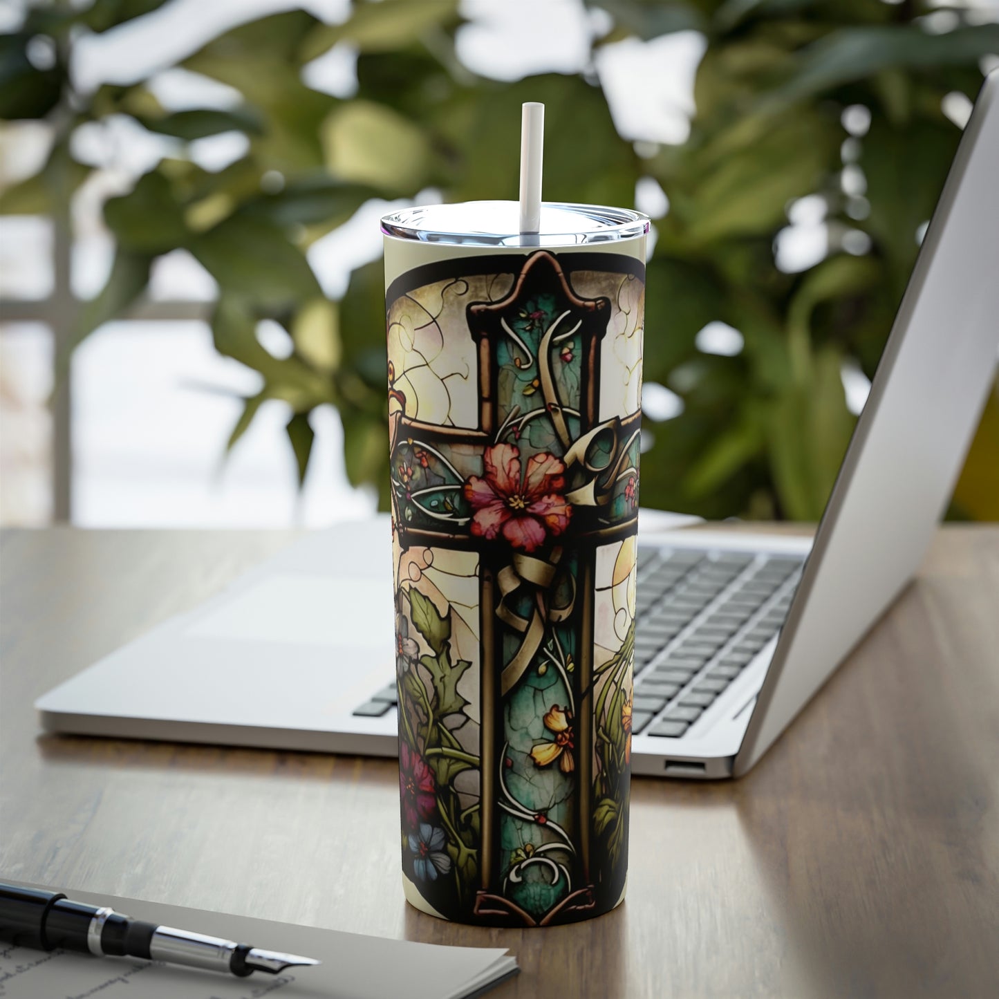 Cross-Stained Skinny Steel Tumbler with Straw, 20oz