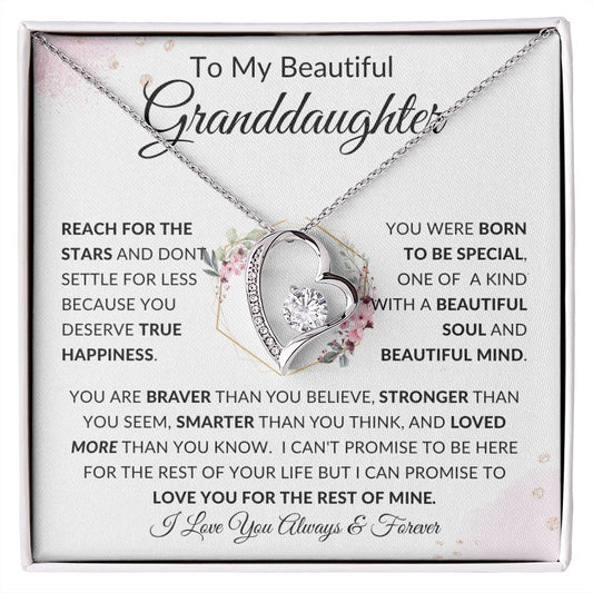 To My Beautiful Granddaughter | Forever Love Necklace White Gold Finish | Braver, Stronger, Smarter