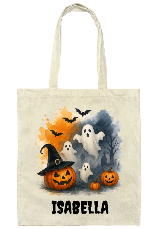 Custom Halloween Tote Bag – Spooky Pumpkin & Ghost Watercolor Design |Custom Name Tote