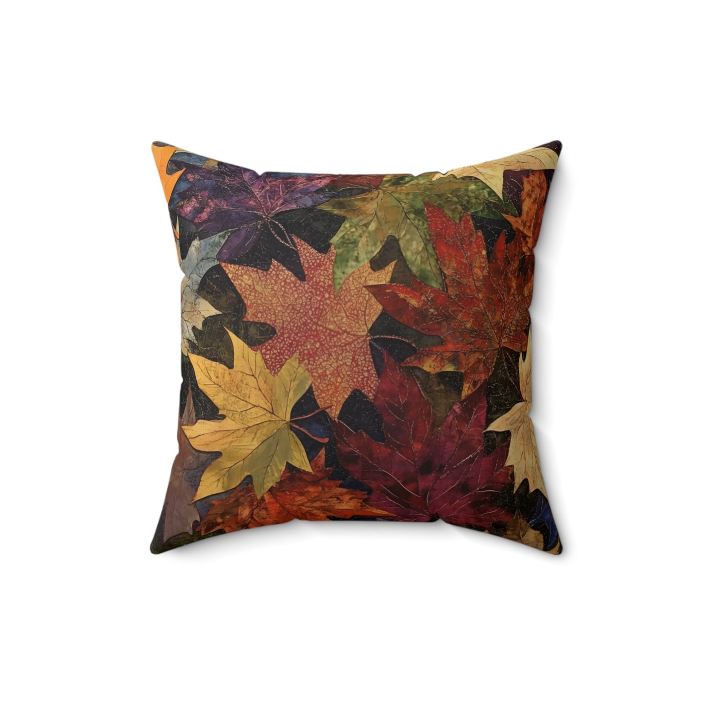 Decorative pillow with autumn leaf pattern on a white background