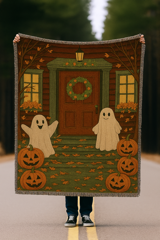 Person holding a Halloween-themed blanket with ghosts, pumpkins, and a door.