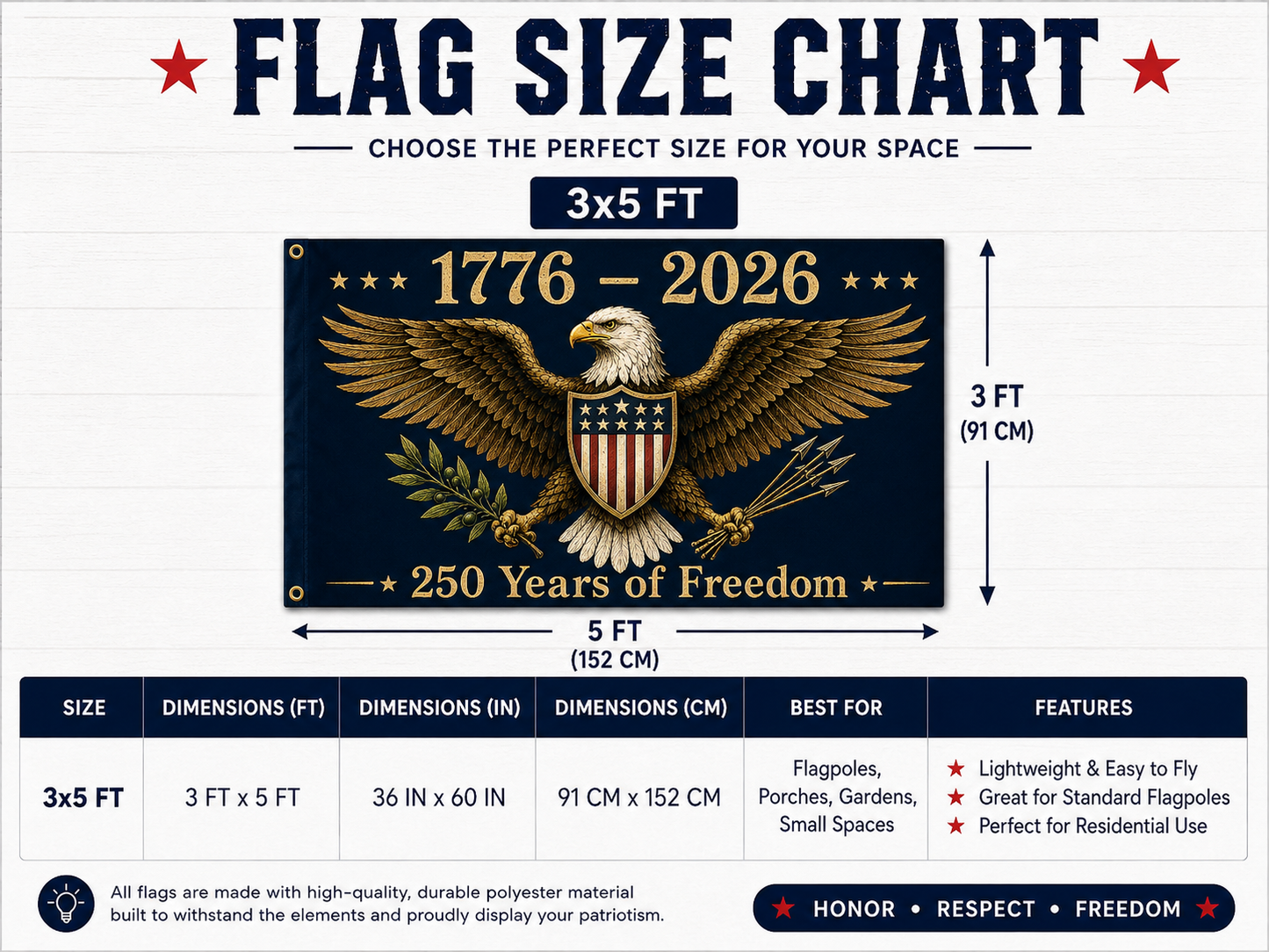 Flag size chart with an eagle design and text about 250 years of freedom.