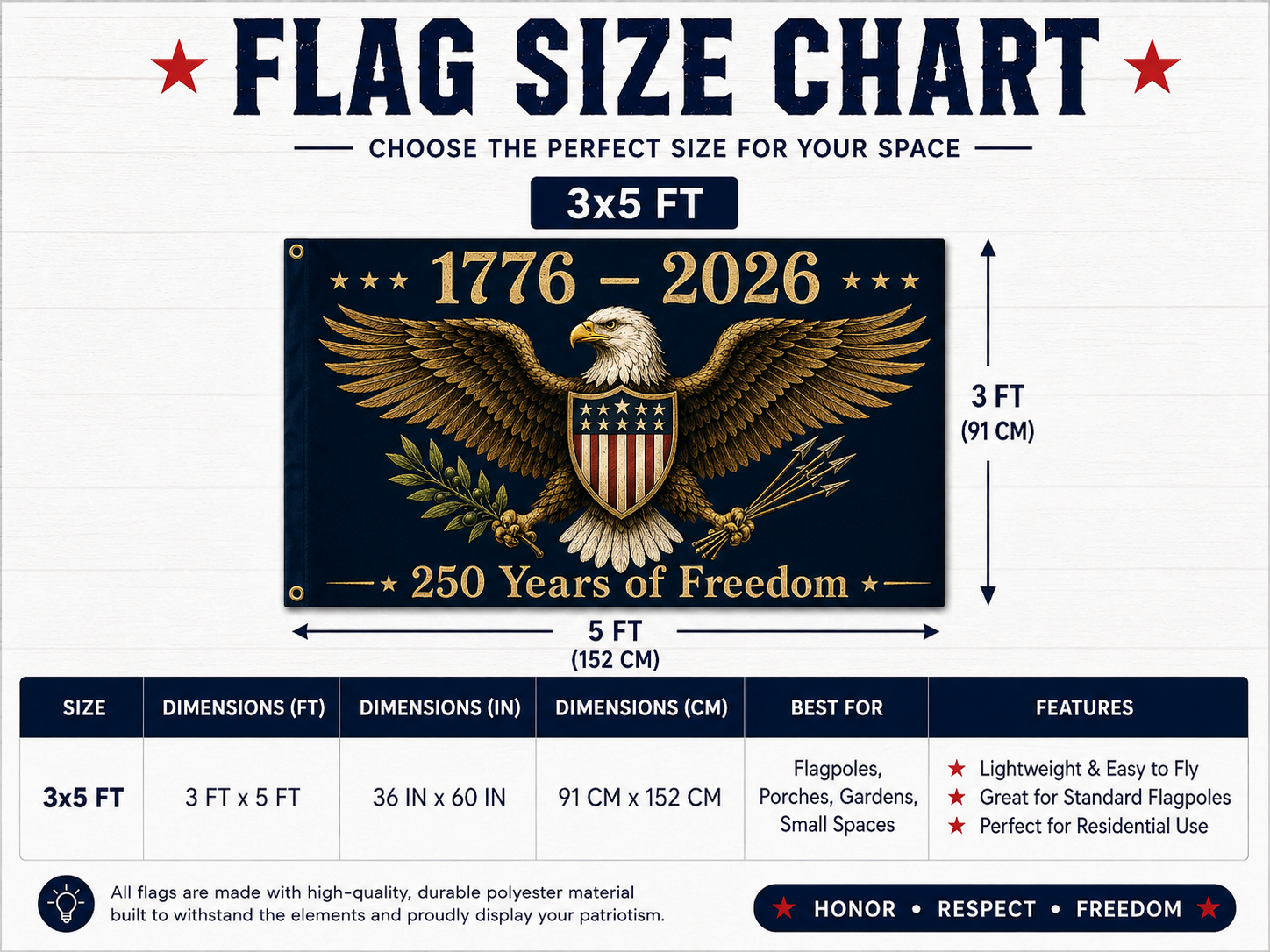 Flag size chart with an eagle design and text about 250 years of freedom.
