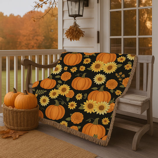 Fall Floral Throw Blanket, Autumn Leaves Woven Blanket, Retro Halloween Decor