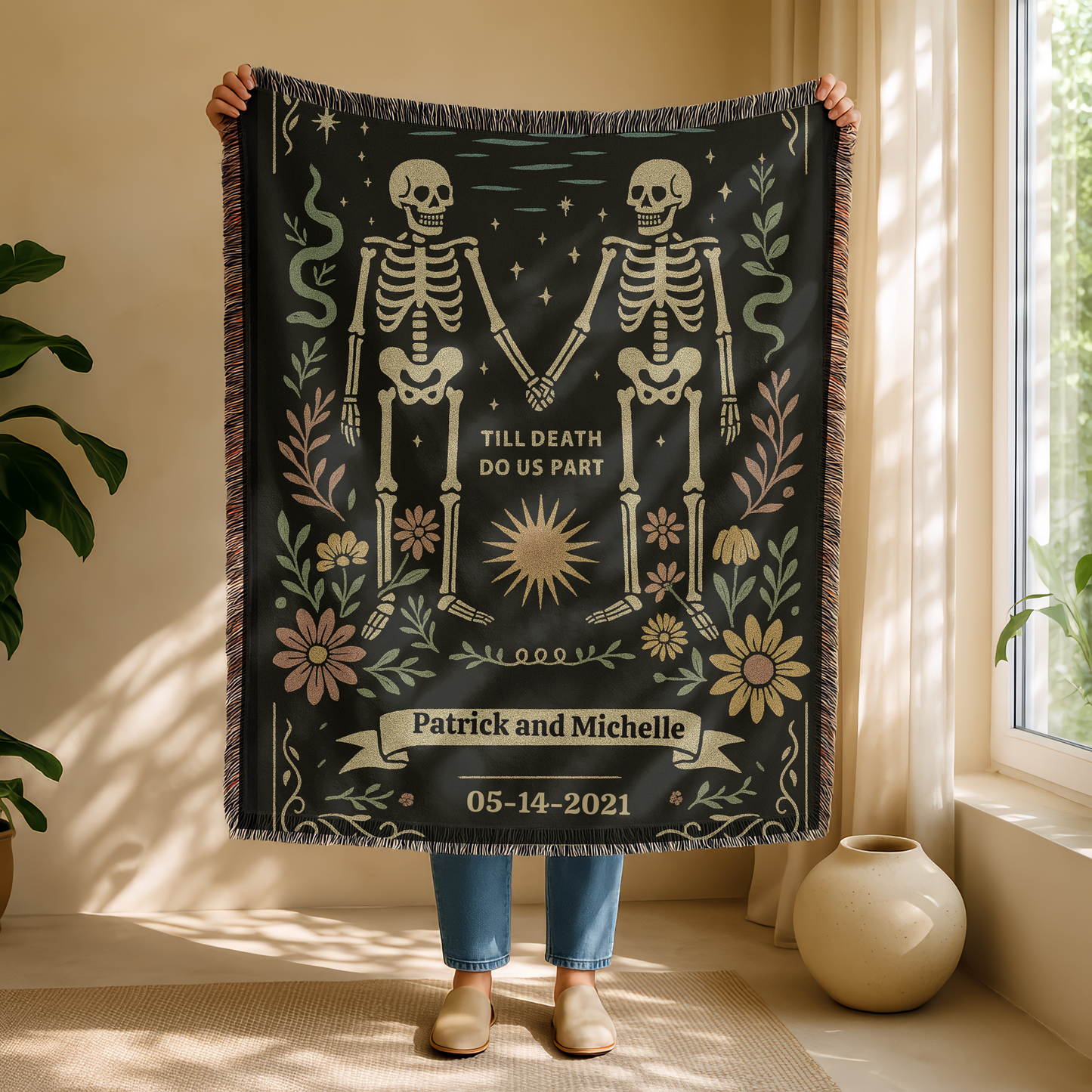 Skeleton Couple Blanket 'Til Death do us Part' Woven Tapestry