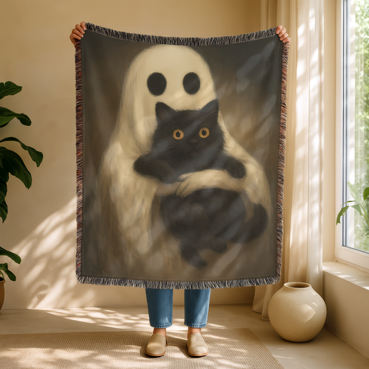 Cozy Ghost Cat Woven Blanket – Spooky Cute Throw for Halloween & Cat Lovers