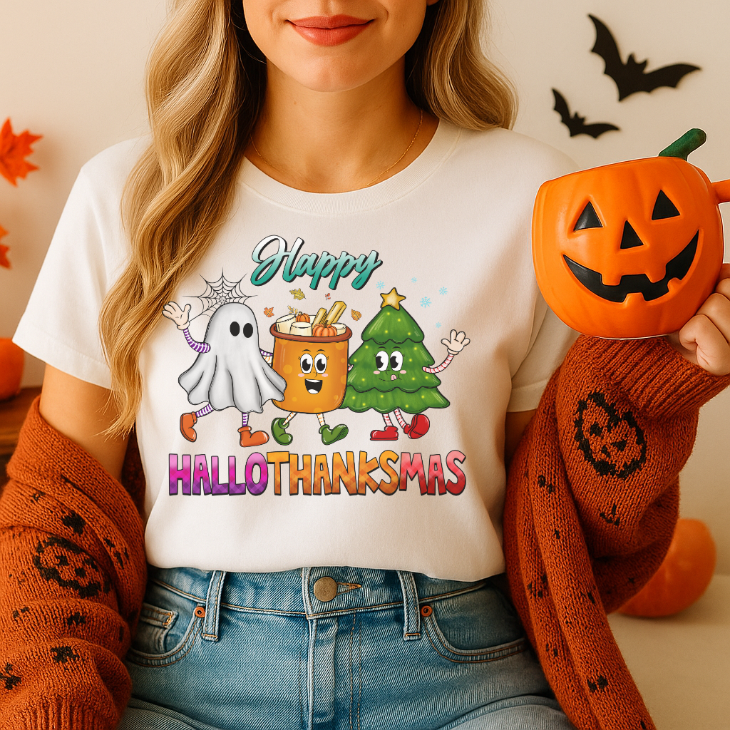 Person wearing a 'Happy HALLOTHANKSMAZ' shirt with Halloween-themed graphics, holding a pumpkin-shaped mug.