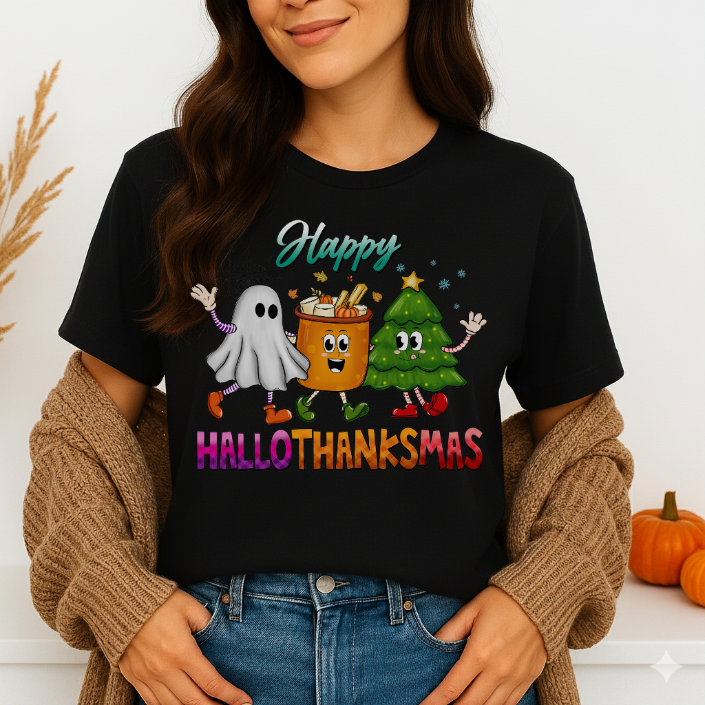 Ghost Christmas Tree Happy HalloThanksMas T-shirt
