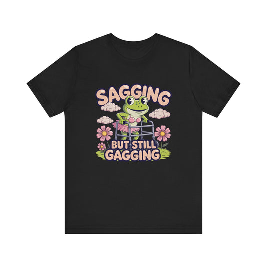 Black t-shirt with a frog graphic and text on a white background