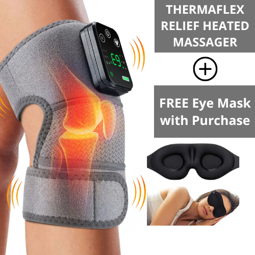Thermaflex relief heated massager on a knee with promotional text and an eye mask offer.