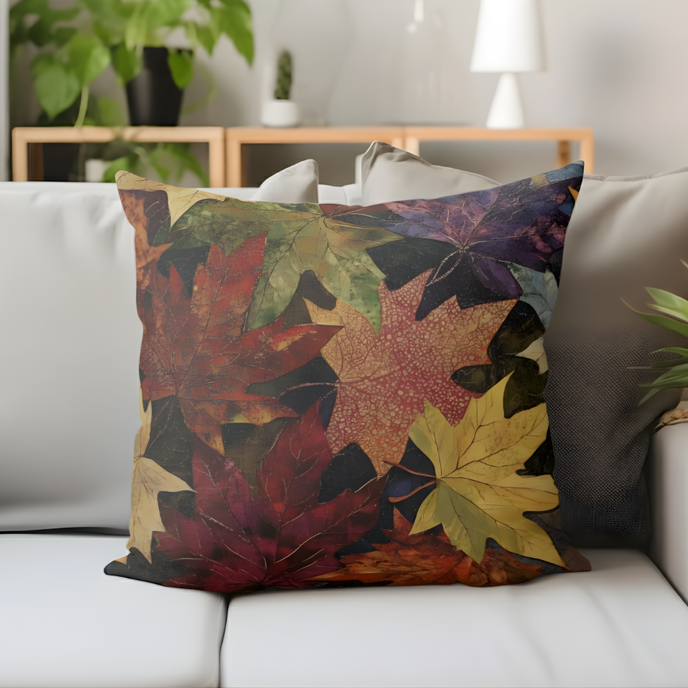 Decorative pillow with autumn leaf pattern on a white sofa