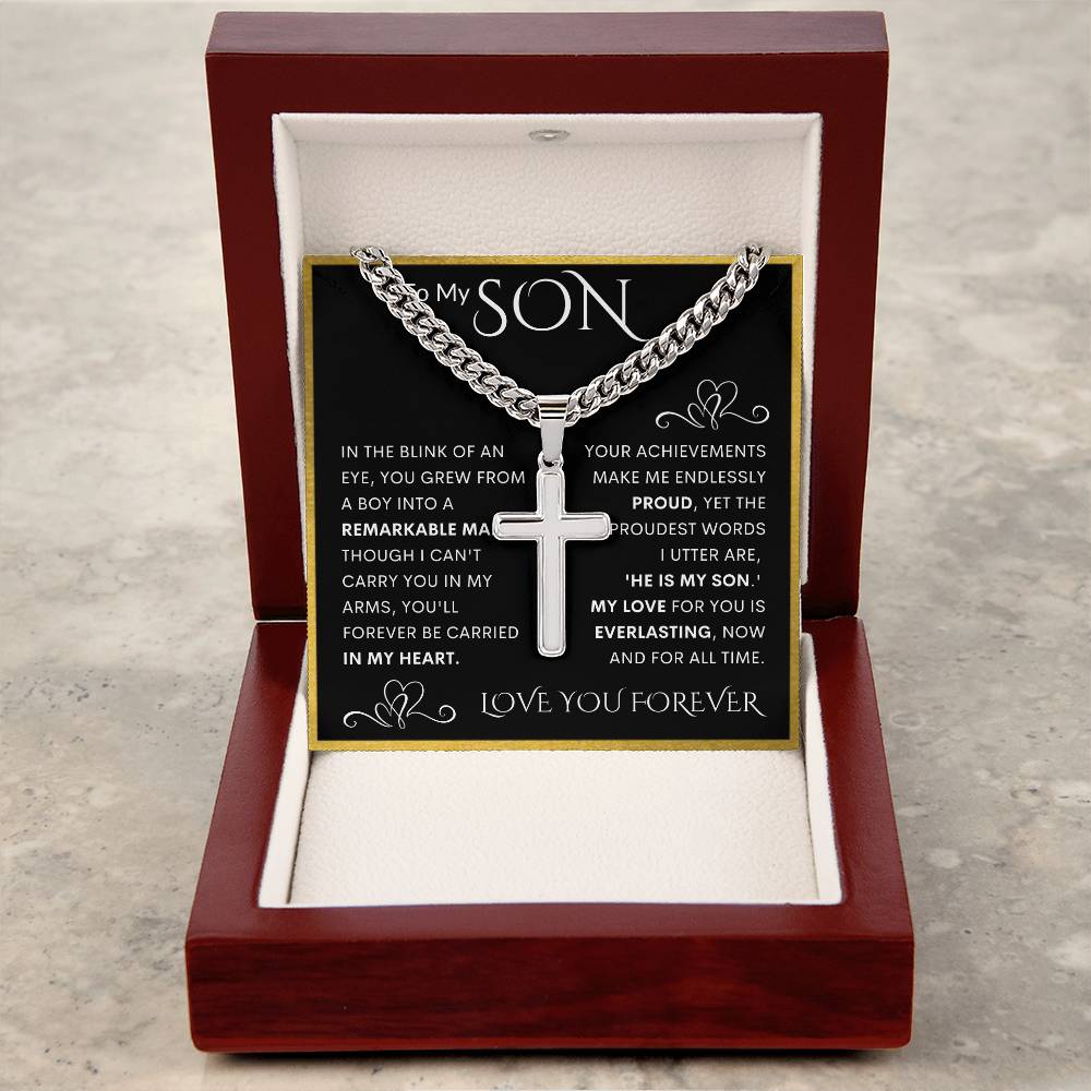 To My Son Cuban Chain with Artisan Cross Necklace