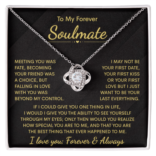 To My Forever Soulmate” message card featuring a silver Love Knot necklace. The card reads heartfelt words about fate, friendship, and everlasting love — a romantic gift for wife, girlfriend, or soulmate.
