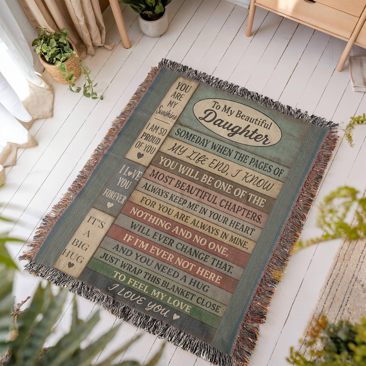 To My Daughter Blanket – Rustic Wood Plank Message – Cozy Woven Gift from Mom or Dad
