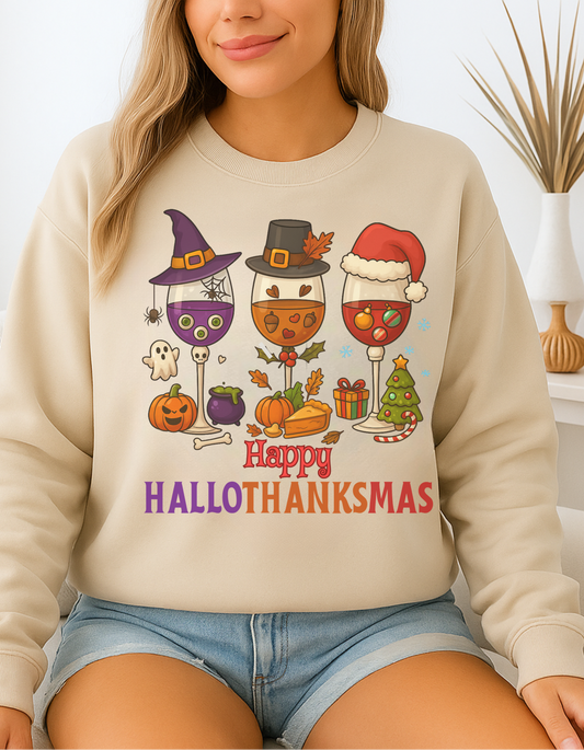 Happy Hallothanksmas Sweatshirt, Halloween Gift For Women ,Christmas Sweatshirt, Cute Halloween Sweater, Colorful Halloween Sweatshirt