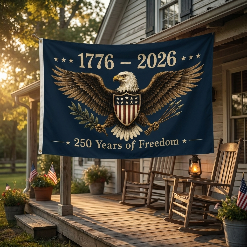 Flag with eagle design and text on a house porch