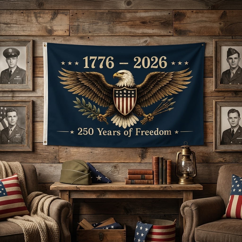 Living room with a flag celebrating 250 years of freedom, framed military portraits, and American decor.