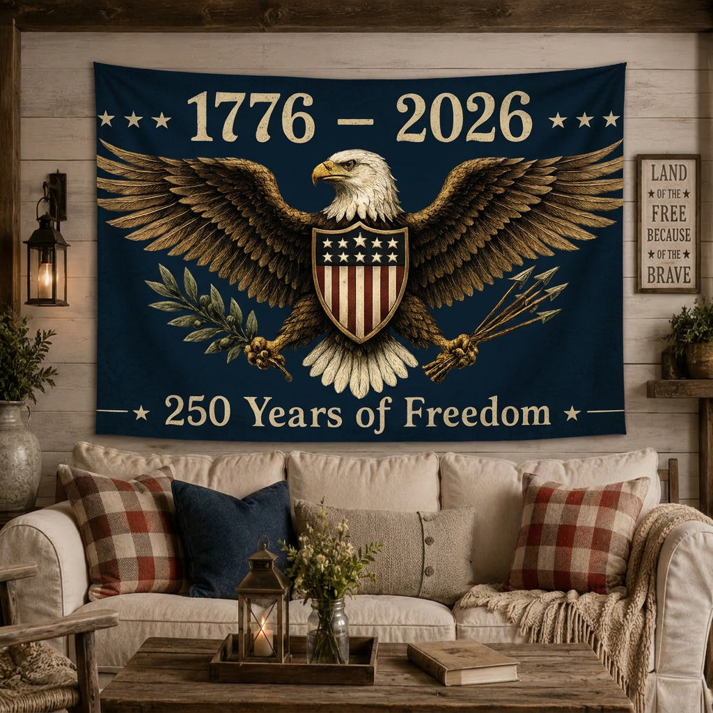 Decorative tapestry with an eagle and shield design, celebrating 250 years of freedom, hanging above a living room sofa.