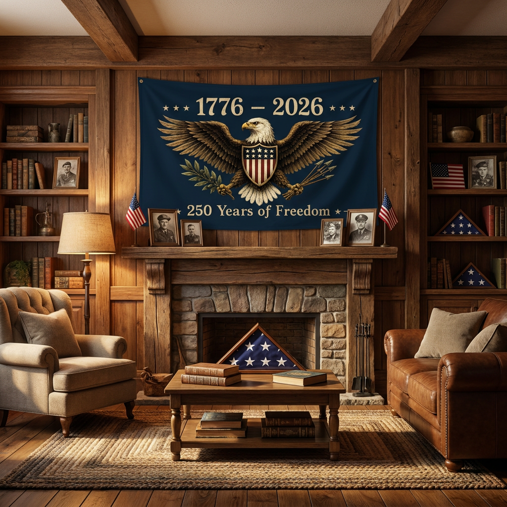 Living room with a large flag celebrating 250 years of freedom, bookshelves, and a fireplace.