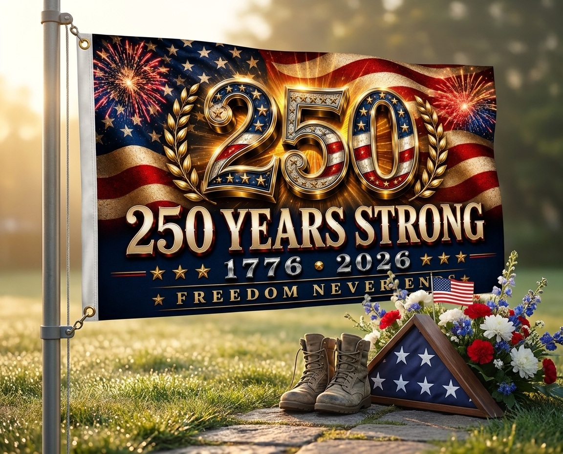 America 250 Years Strong Patriotic House Flag