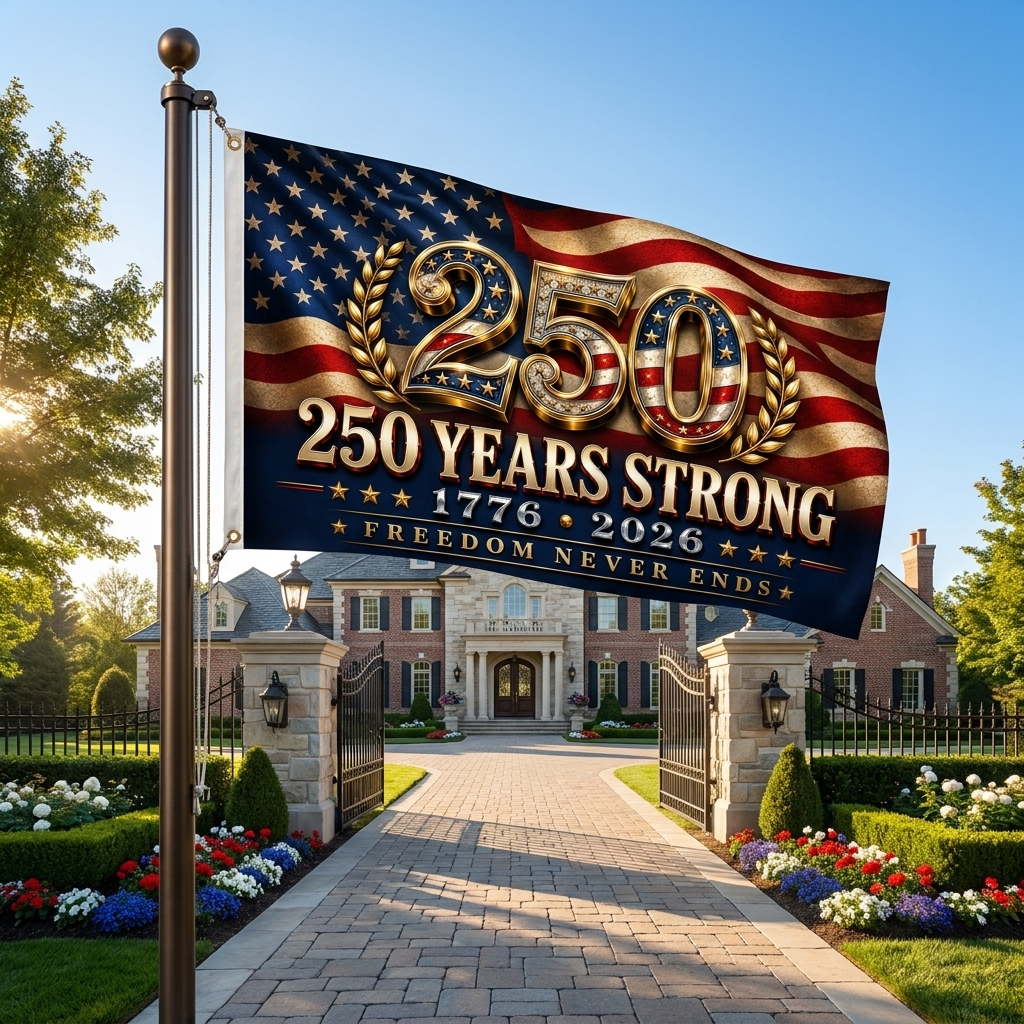 American flag celebrating 250 years of strength with a house in the background