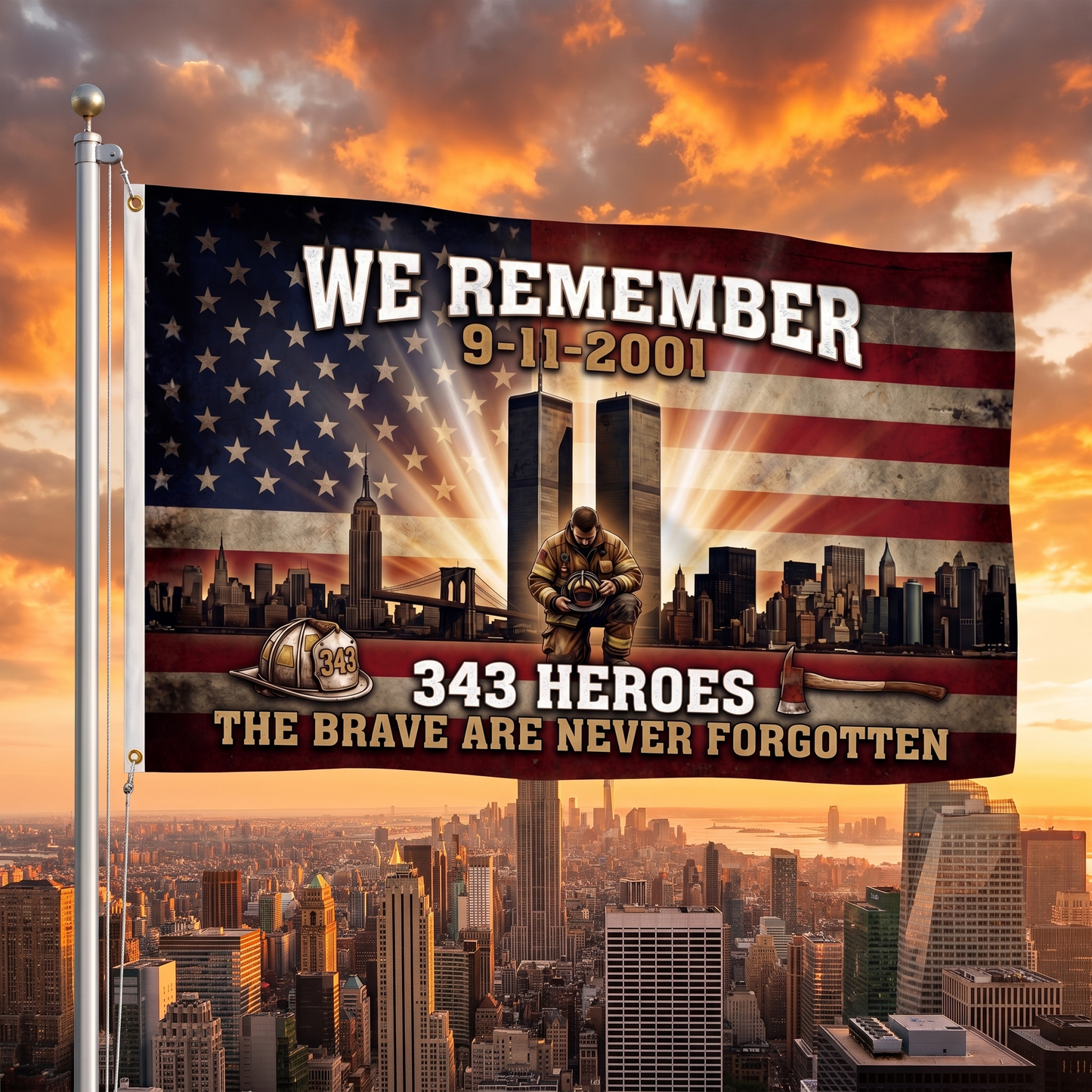 343 Heroes 9/11 Firefighter Memorial Flag