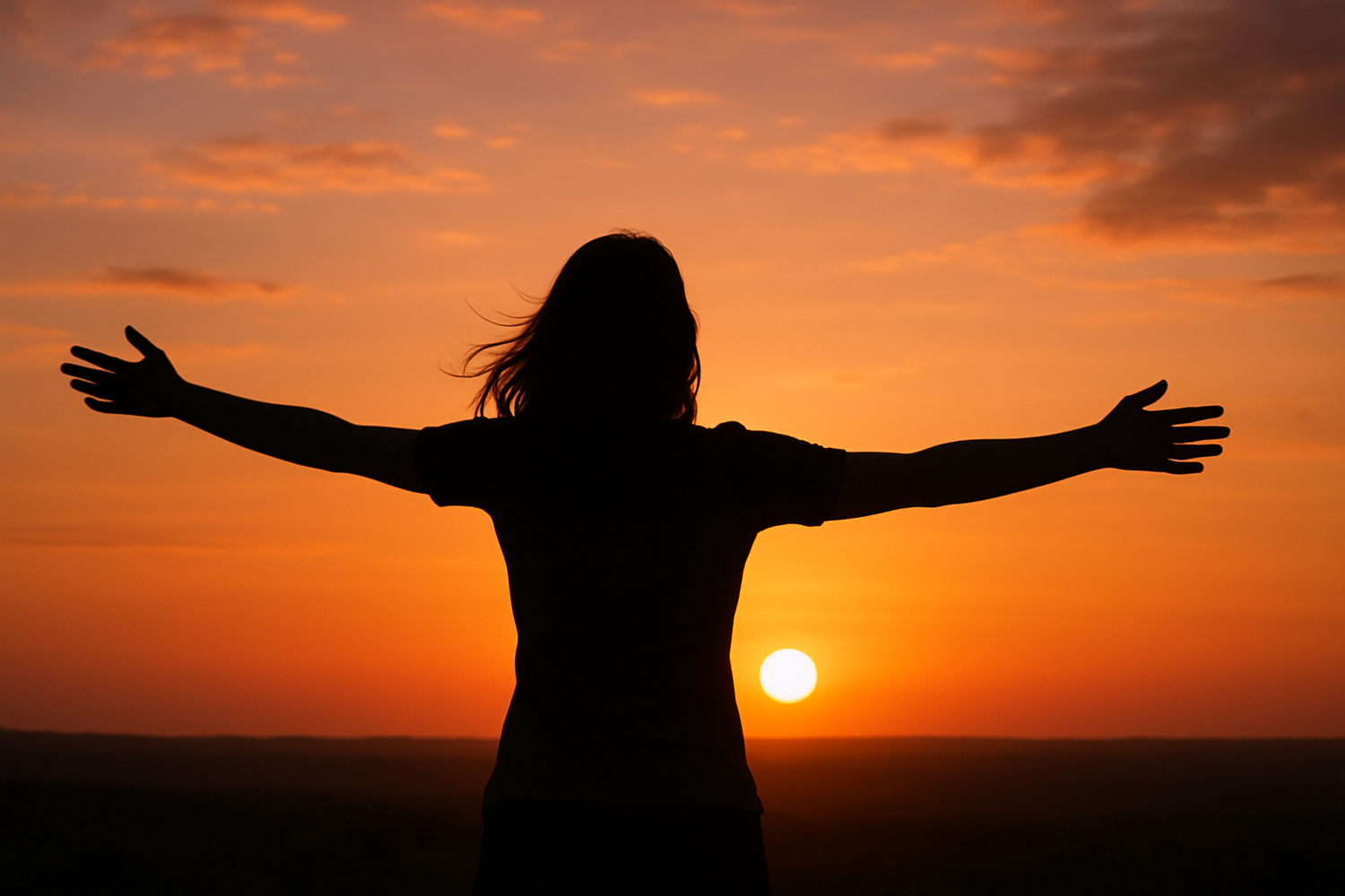 woman facing the sunset arms out enjoying the weather, her back is facing the camera