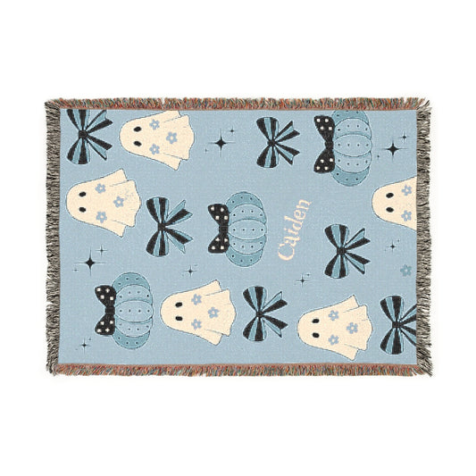 Custom Halloween Blanket with Name – Ghost & Pumpkin Throw, Personalized Cozy Fall Blanket