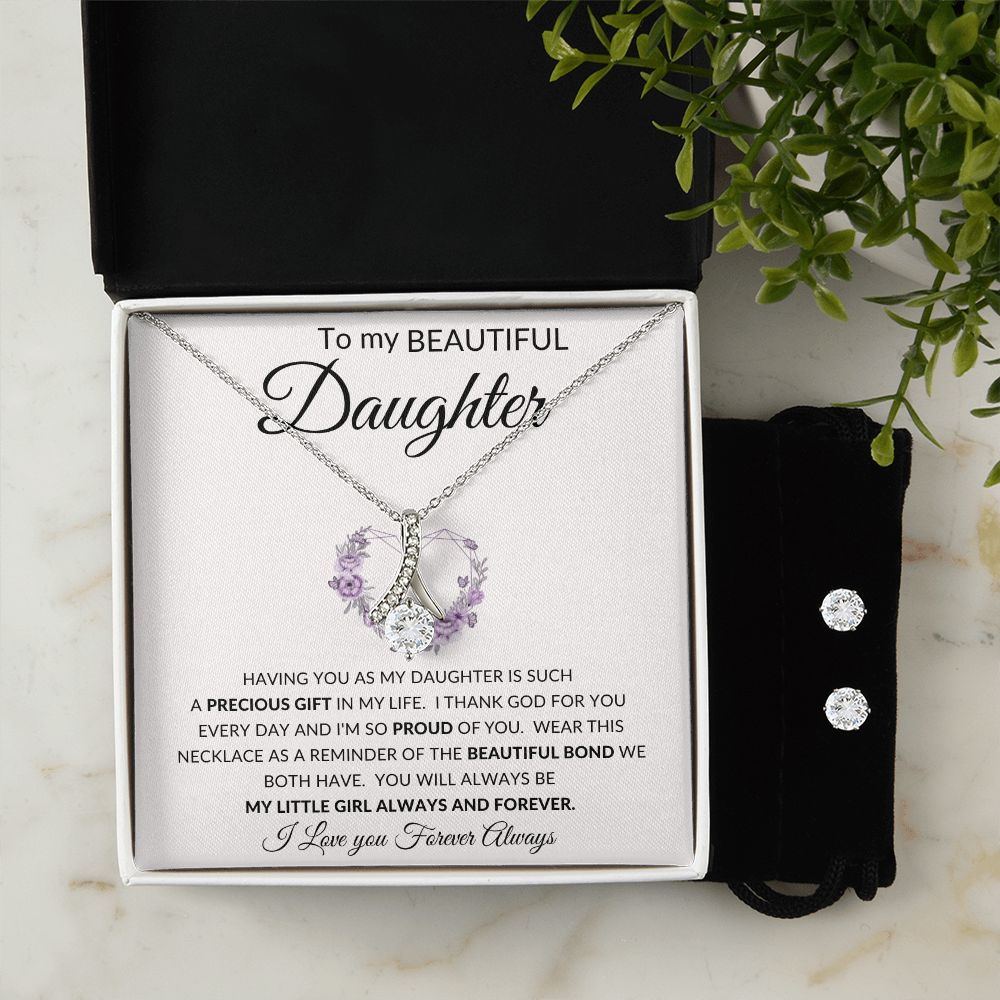 To My Beautiful Daughter | Alluring Beauty + Clear CZ Earrings | Heart Purple Precious Gift