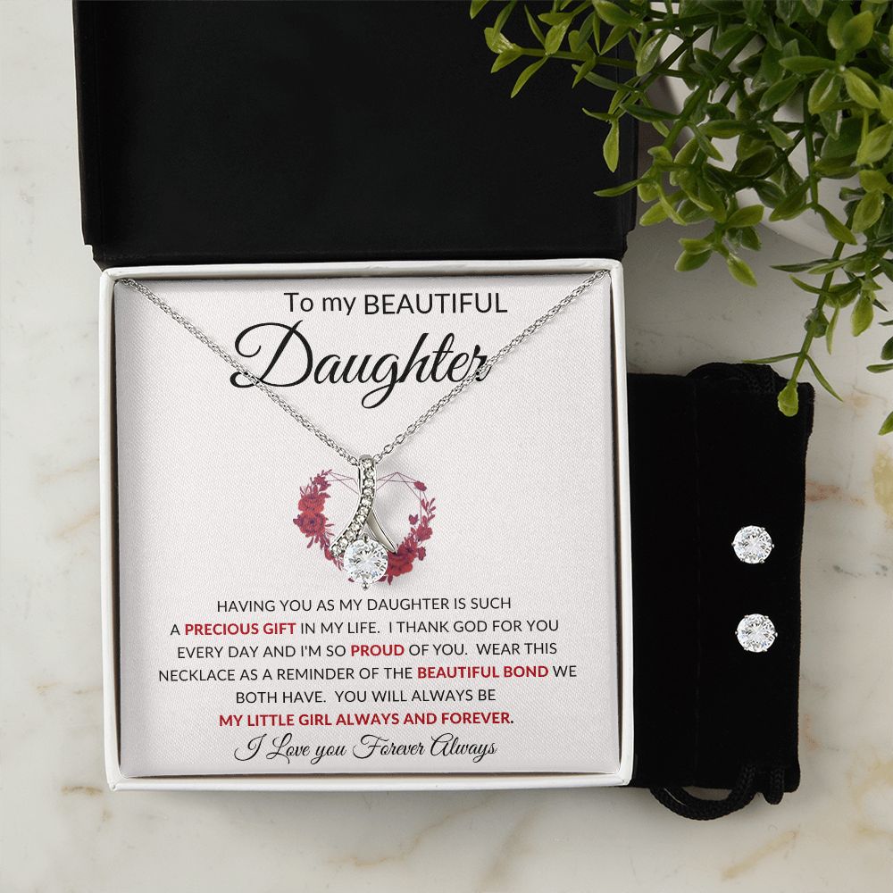 To My Beautiful Daughter | Alluring Beauty Necklace + Clear CZ Earrings | Red Heart Precious Gift