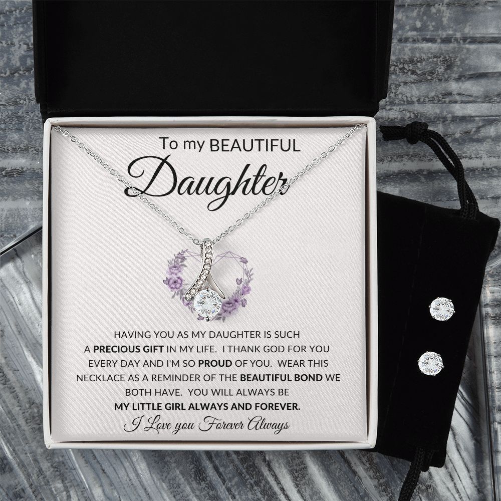 To My Beautiful Daughter | Alluring Beauty + Clear CZ Earrings | Heart Purple Precious Gift