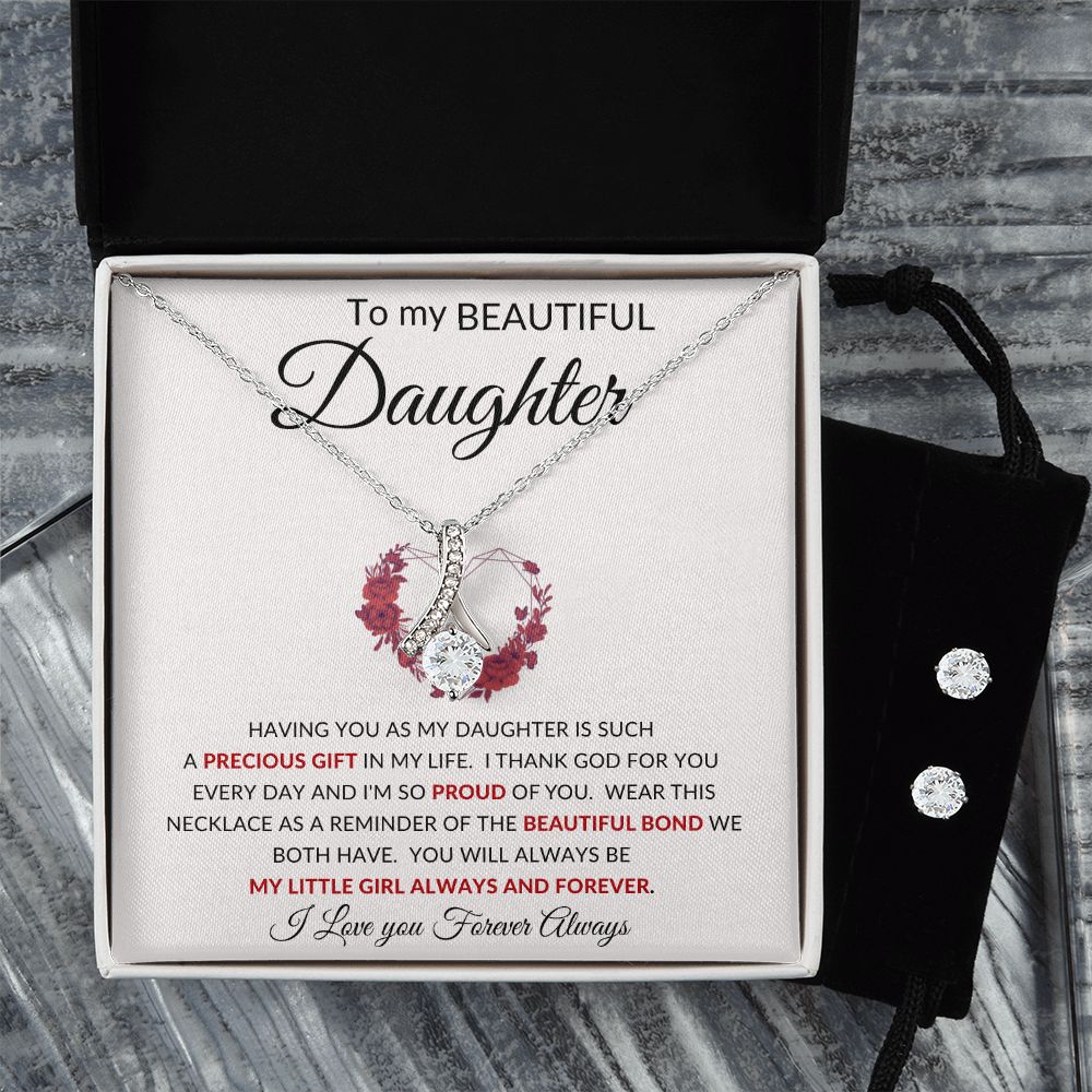 To My Beautiful Daughter | Alluring Beauty Necklace + Clear CZ Earrings | Red Heart Precious Gift