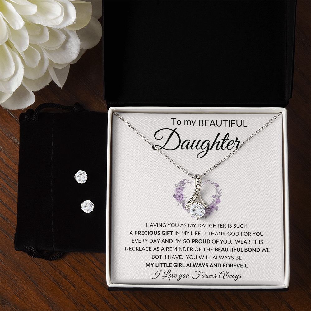 To My Beautiful Daughter | Alluring Beauty + Clear CZ Earrings | Heart Purple Precious Gift